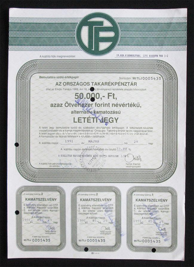 Orsz�gos Takar�kp�nzt�r (OTP) let�ti jegy 50000 forint 1991